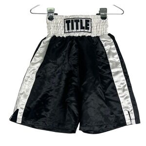 Title Boxing Youth Large Black White Satin Boxing Trunks Shorts YL Drawstring